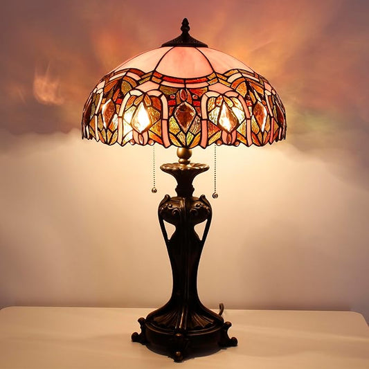 Tiffany Lamp Stained Glass Table Lamp 16X16X24 inchTiffany Style Desk Reading Light Resin Base Decor Bedroom Living Room Home Office (Pink Jewelry)