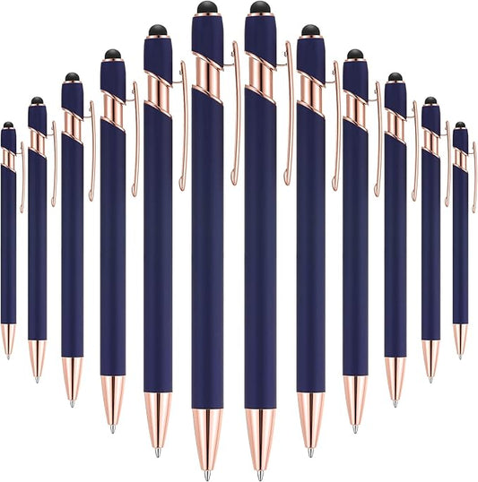 Tenare 12 Pieces 2 in 1 Stylus Metal Ballpoint Pen with Stylus Tip, 1.0 mm Black Ink Ballpoint Pen for Touch Screens(Cyan and Rose Gold)