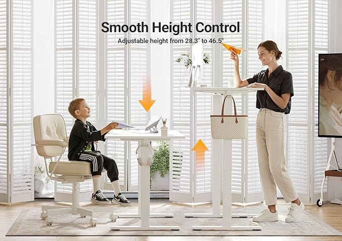 Seang Electric Standing Desk Adjustable Height, 55 x 24 Inch Sit Stand Desk with T-Shaped Frame, 3 Memory Presets & Cable Management for Home Office Computer Workstation, White Frame/White Top