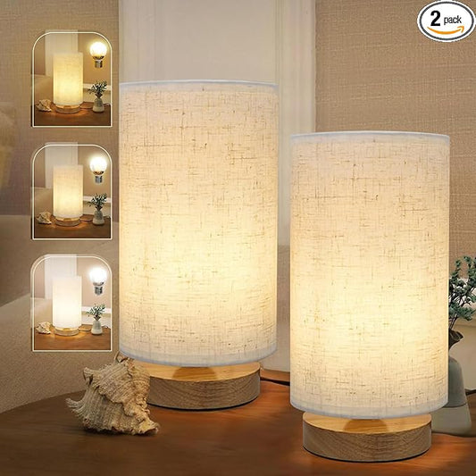 Minimalist Bedside Table Lamps for Bedrooms Set of 2, 3 Color Temperature Bedside Lamps with Round Fabric Linen Shade,Small Desk Lamp Night Nightstand Lamp Set for Living Room, Reading ,Office