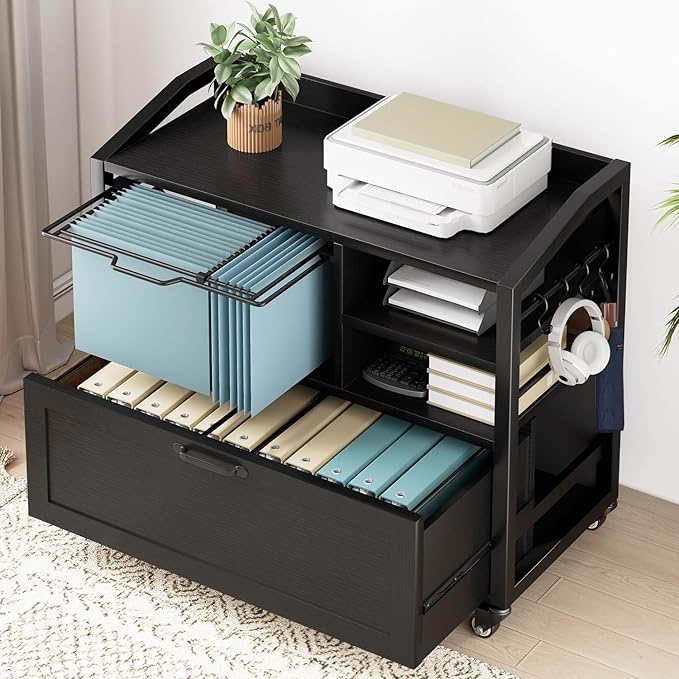 HSH Rolling Lateral File Cabinet with Storage Drawer, Black Mobile Filing Cabinet for Legal/Letter Size, Wood Metal Printer Stand with Shelves, Wheels & Hanging File Folder for Home Office Desk, 33 In