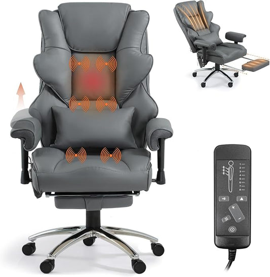 Massage Office Chair with Foot Rest, Ergonomic Executive Heated Office Chair with Reclining Backrest, Adjustable Arms and Lumbar Support, High Back Leather Desk Chairs for Home Office, Grey