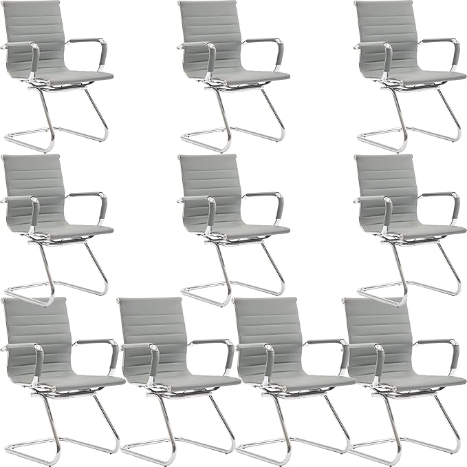 Wahson Office Guest Chairs Set of 10, Leather Reception Chairs, Mid Back Waiting Room Chair, Conference Chairs with Sled Base, Desk Chair No Wheels for Meeting/Lobby/Restroom, Grey