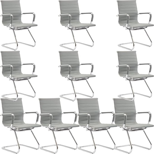 Wahson Office Guest Chairs Set of 10, Leather Reception Chairs, Mid Back Waiting Room Chair, Conference Chairs with Sled Base, Desk Chair No Wheels for Meeting/Lobby/Restroom, Grey