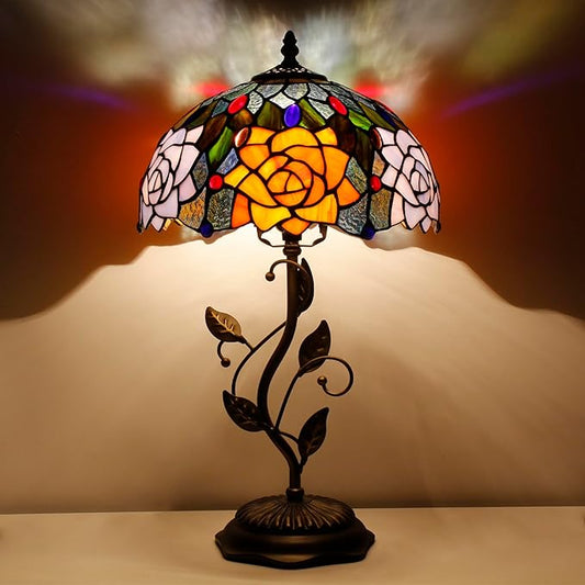 Tiffany Lamp Orange Red Rose Flower Stained Glass Table Lamp Desk Bedside Reading Light 12X12X19 Inches with Metal Leaf Base Decor Bedroom Living Room