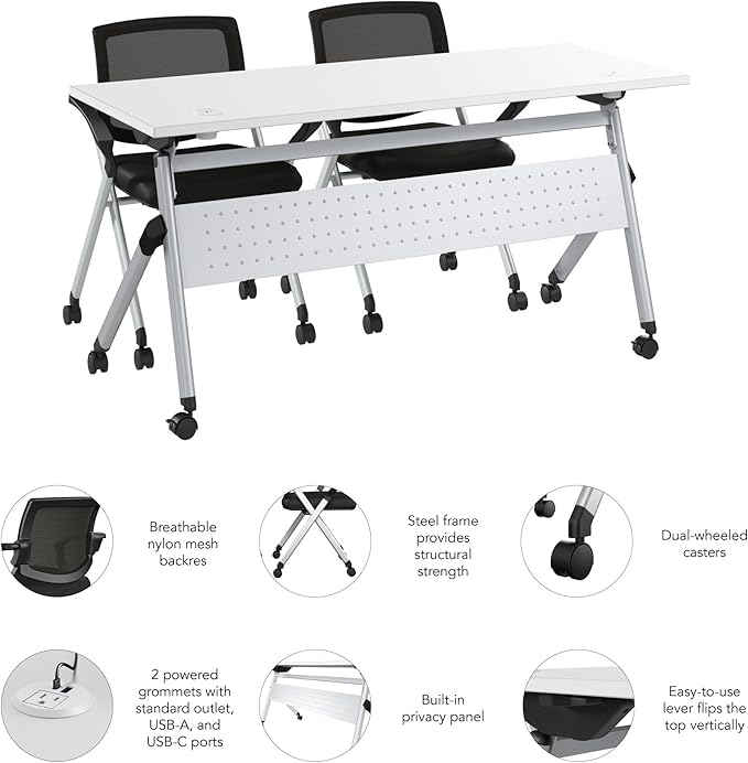 Bush Business Furniture Folding Training Table Set for 2, 60 inch Desk with Powered Grommets and 2 Chairs with Arms, Commercial-Grade Bundle for Office or Classroom, Envision Collection, White