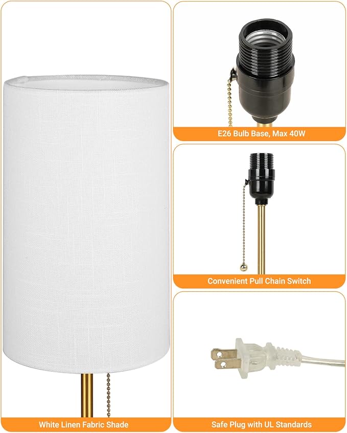 Small Table Lamp, Bedroom Lamps Set of 2, 3 Way Dimmable Bedside Lamps with Marble Base & Linen Shade &Pull Chain Nightstand Lamps 18.5 Inches Desk Lamps for Living Room(Bulbs Included)