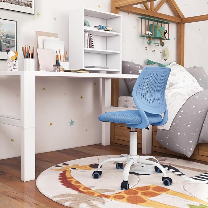 POWERSTONE Small Home Office Desk Chair, Swivel Rolling Study Computer Chair, Adjustable Height Task Chair with Armless Mid Back, Upholstered Mesh Seat, Blue