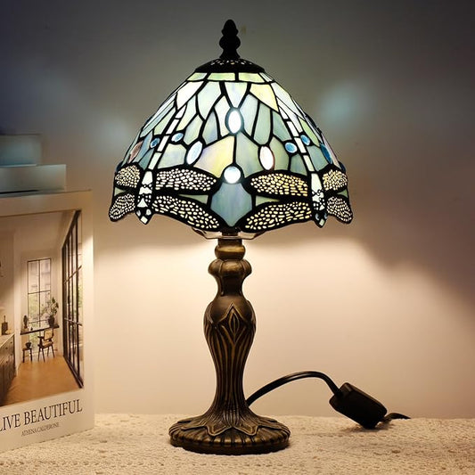 Small Tiffany Lamp Stained Glass Table Lamp Mini Desk Accent Light for Bedroom Bedside Reading Home Antique Style Decor 8X15 Inches (Blue Dragonfly)