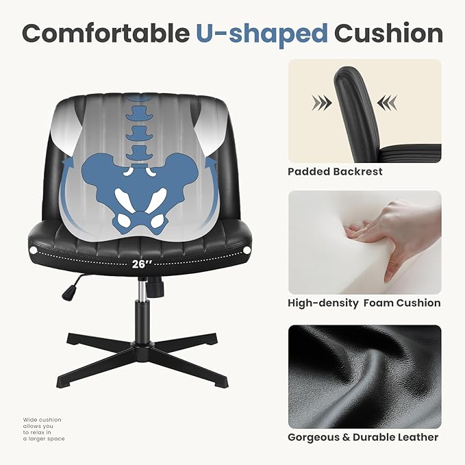 DUMOS Desk Chair No Wheels, Criss Cross Chair Wide Cross Legged Office Desk Vanity Chair, PU Leather Armless Adjustable Swivel Chairs for Home Computer Task Black