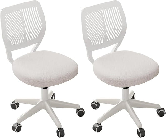Armless Desk Chair, Height Adjustable Swivel Office Rolling Task Chairs with Soft Mesh Padded Cushion, Ergonomic Small Study Computer Chair for Girls Boys Teens (White, 2PCS)