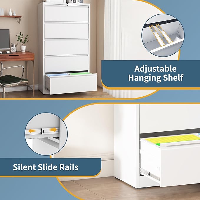5 Drawer File Cabinet with Lock, Lateral Filing Cabinets,Metal Storage Filing Cabinets for Home Office, Heavy Duty File Cabinet for Letter/Legal/A4/F4 Size Amssebly Required, White
