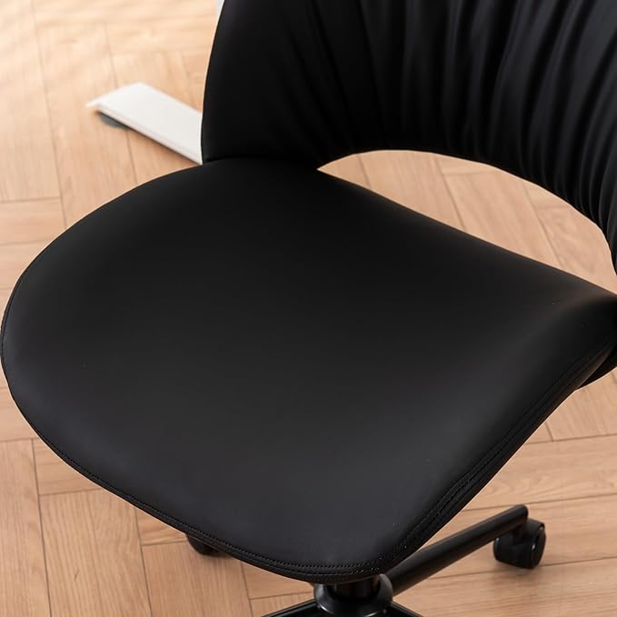 Rowill Armless Office Desk Chair, Ergonomic PU Leather Modern Task Chair with Back Adjustable Height, 360° Swivel Vanity Chairs with Wheels for Small Space, Home Office, Bedroom, Black