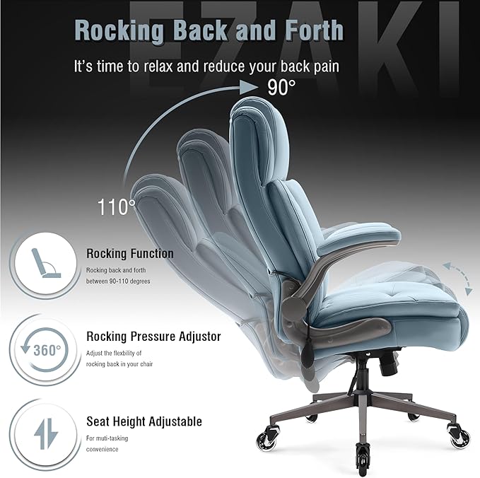 Large High Back Office Chair - Adjustable Lumbar Support Flip Up Arms Heavy Duty Quiet Wheels Metal Base Breathable Bonded Leather Ergonomic Executive Computer Desk Chair with Storage Bags, Blue