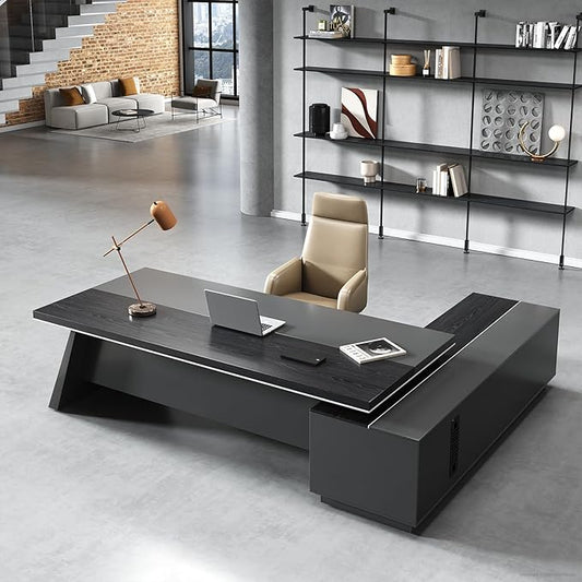 Modern L Shape Executive Desk with Storage Drawers – Large Black Corner Office Table for Home Workspace, Spacious Executive Desk with Cabinets (Black/Left, 87" L * 63" W * 30" H)