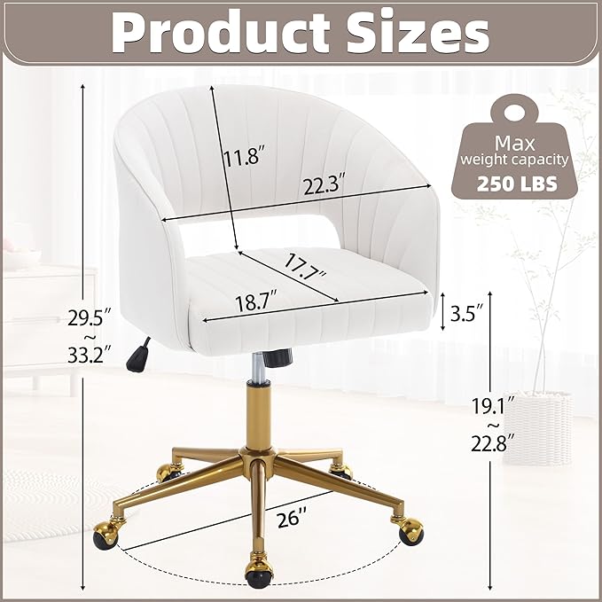 ABET Desk Chair with Wheels, Velvet Home Office Chair, Swivel Armchair Gold Base, Upholstered Modern Accent Chairs, Back Incline Adjustable for Living Room Bedroom Vanity, Off-White Cream