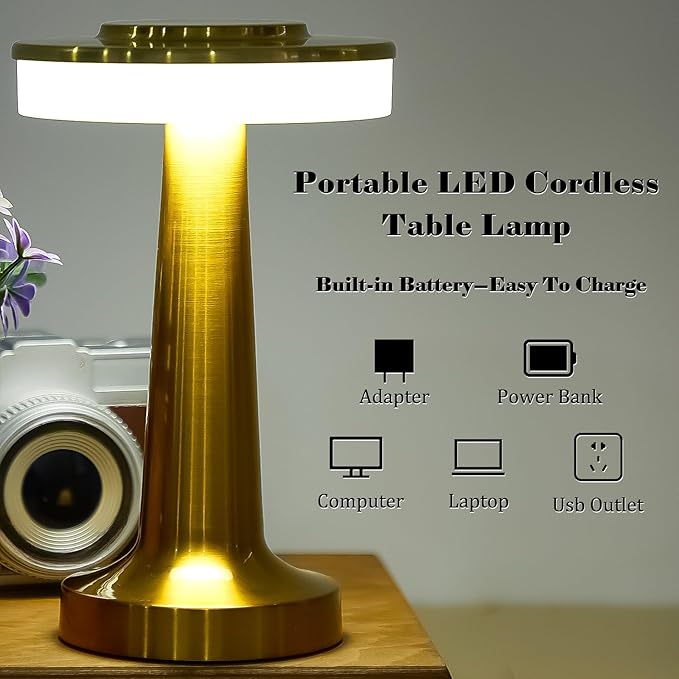 Riakrum Set of 2 LED Portable Cordless Table Lamp with Touch Sensor 3 Color Stepless Dimming Rechargeable Battery up to 15 Hours Cordless Table Light Wireless Lamp for Nursery(Gold,4 Pcs)