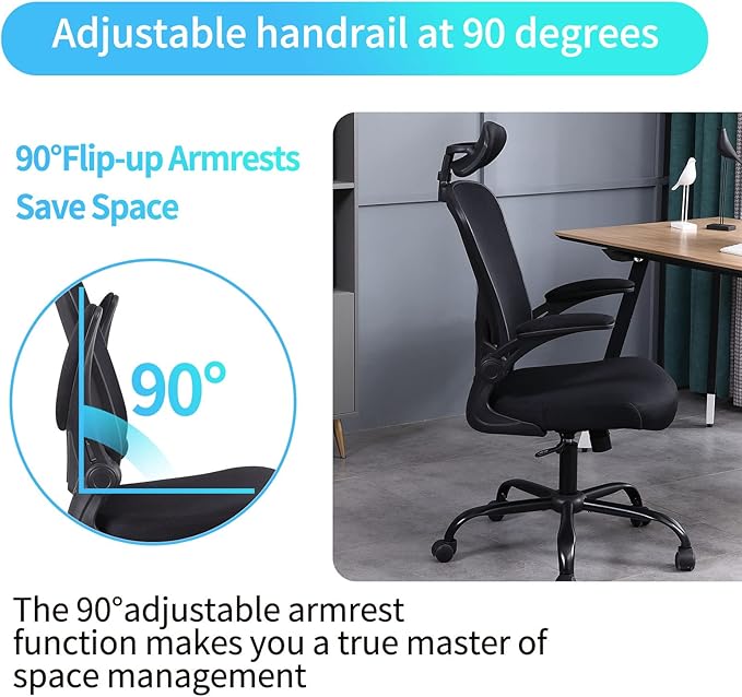 Flysky Ergonomic Office Chair, Mesh Home Office Desk Chair with Flip-up Arms and Lumbar Support, Height Adjustable, Swivel, Black-Headrest