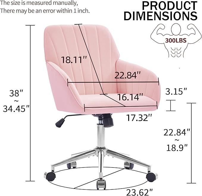 YISHENG Velvet Office Desk Chair with Silver Base, with Wheels,Modern Height Adjustable 360 Degree Swivel Upholstered Vanity Chairs with Arms for Living Room Bedroom,Pink