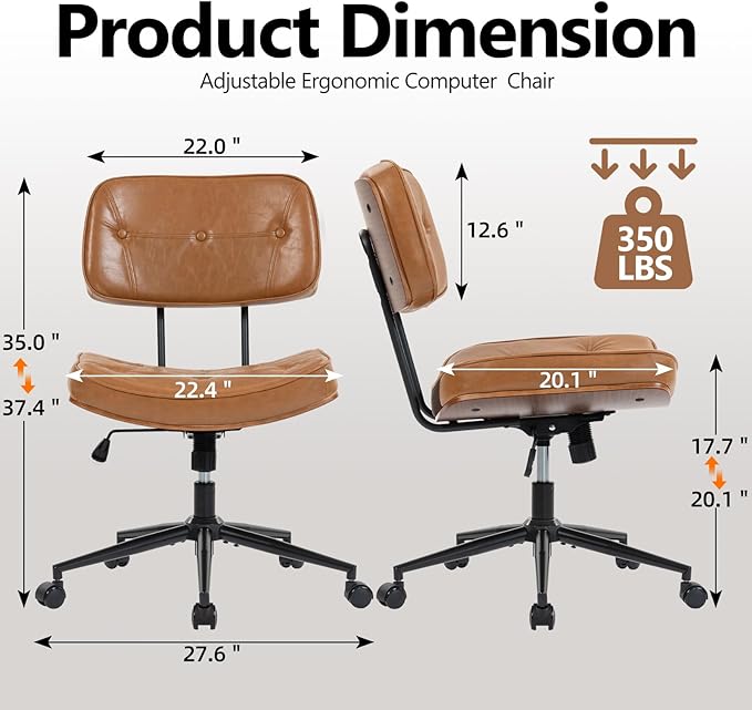 Armless Computer Chair, Small Desk Chair with Wheels and Adjustable Height, PU Leather Modern Swivel Walnut Task Chair for Home Office, Study, Library,Brown