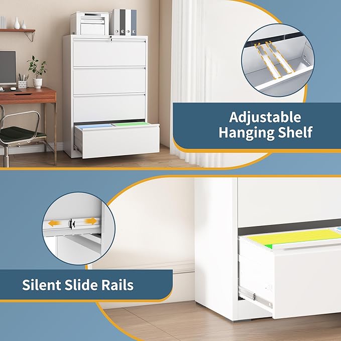 4 Drawer File Cabinet with Lock, Lateral Filing Cabinets,Metal Storage Filing Cabinets for Home Office, Heavy Duty File Cabinet for Letter/Legal/A4/F4 Size Amssebly Required, White