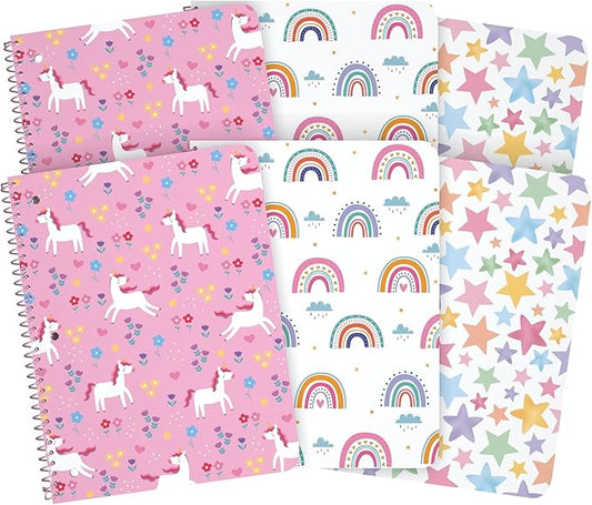Wide Ruled Spiral Notebook, Adorable 1 Subject Notebooks for kids 100 Sheets/200 Pages, Perforated 3-Hole Punched Sheets with Interior Paper Pocket 8x10.5 Inch (6 Pack)