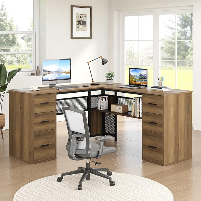 HSH Large L Shaped Home Office Desk with Drawers, Rustic L-shaped Computer Desk with Storage File Cabinet Shelves, Corner Reversible Metal Wood Executive Work Study Writing Table, 59 Inch Bedroom Desk