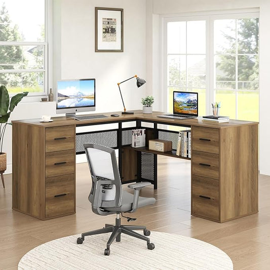 HSH Large L Shaped Home Office Desk with Drawers, Rustic L-shaped Computer Desk with Storage File Cabinet Shelves, Corner Reversible Metal Wood Executive Work Study Writing Table, 59 Inch Bedroom Desk
