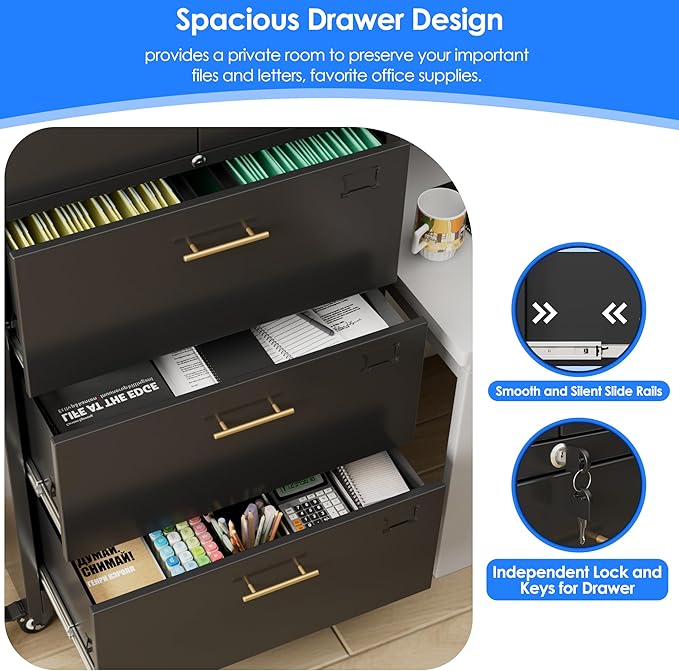 METAN Metal File Cabinet with 3 Drawers and 1 Shelves,Office Filing Cabinet on Wheels with Lock,Office Storage for Letter/Legal Size,Assembly Required,Black