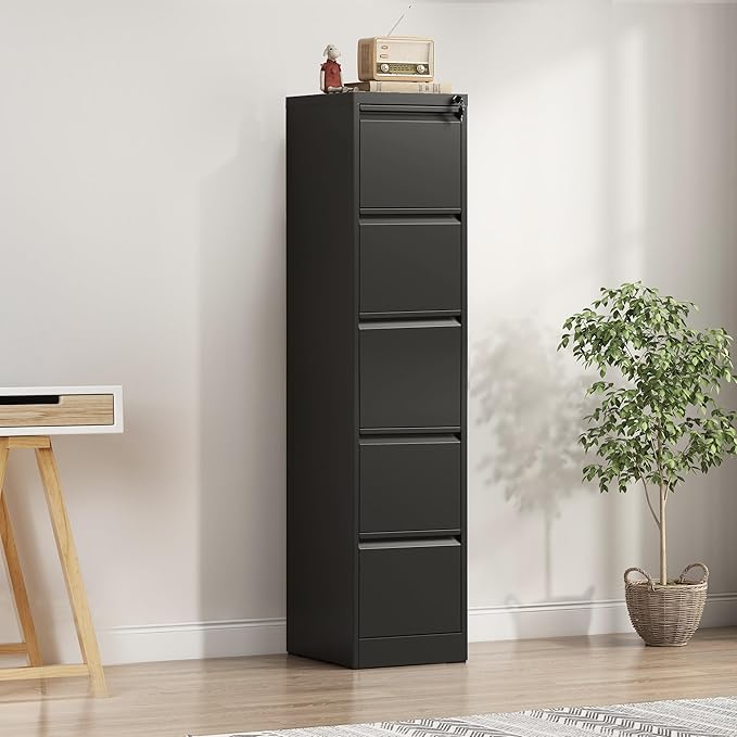 5-Drawer Locking Vertical File Cabinet, Metal Storage Cabinet for Office/Home – Secure Vertical Filing for Letter/Legal/A4/F4 Documents, Easy to Assemble Steel Cabinet (Black, 5 Drawer-64 H)