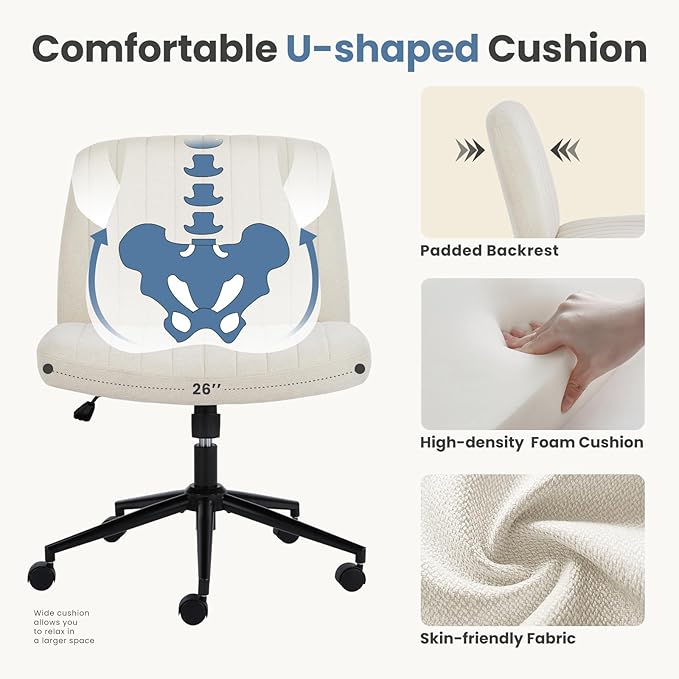 DUMOS Criss Cross Chair with Wheels, Wide Cross Legged Office Desk Vanity Chairs, Fabric Armless Adjustable Swivel Chairs for Home Computer Task, Beige