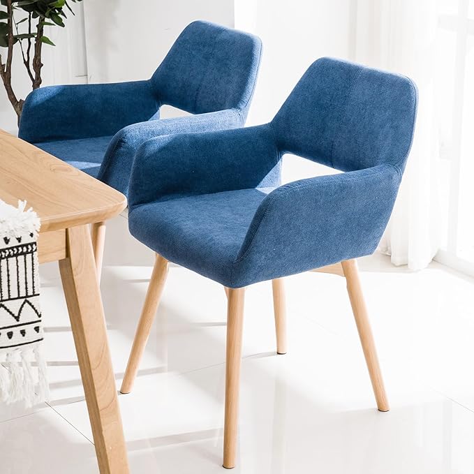 Mid Century Modern Dining Chairs Set of 2 & 4 & 6 Comfy Accent Chair Upholstered Kitchen Dining Living Room Chairs for Bedrooms Waiting Room Home Arm Desk Chair No Wheels (Blue, 2)