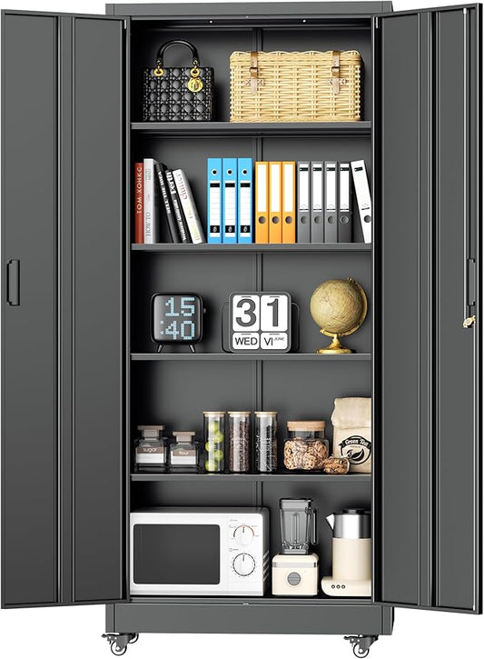 INTERGREAT Metal Storage Cabinet with Wheels, 73" H Rolling Metal Cabinets with Doors and Shelves, Steel Lockable Cabinet on Wheels, Black Office Storage for Home/Garage
