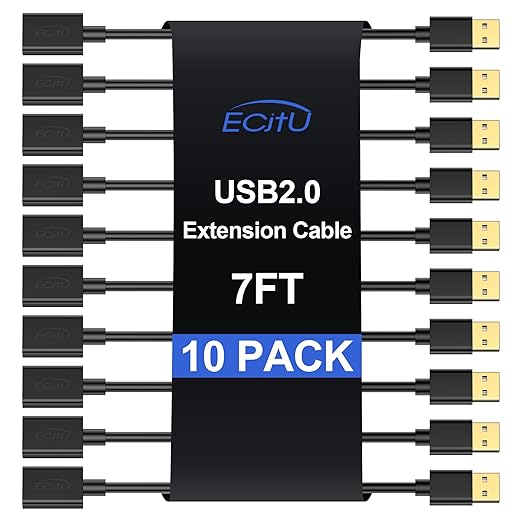 USB 2.0 Extension Cable, 7FT (10 Pack), USB A Male to Female, Compatible with USB Flash Drive, Hard Drive, Card Reader, Webcam, Printer, Keyboard, Mouse, Playstation, Xbox, VR Headset