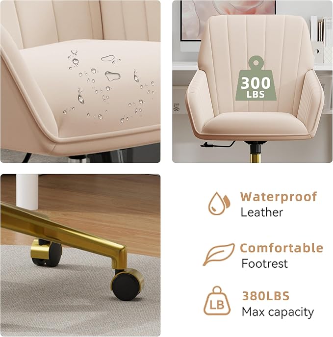 YISHENG Velvet Office Desk Chair with Gold Base, with Wheels,Modern Height Adjustable 360 Degree Swivel Upholstered Vanity Chairs with Arms for Living Room Bedroom,Khaki