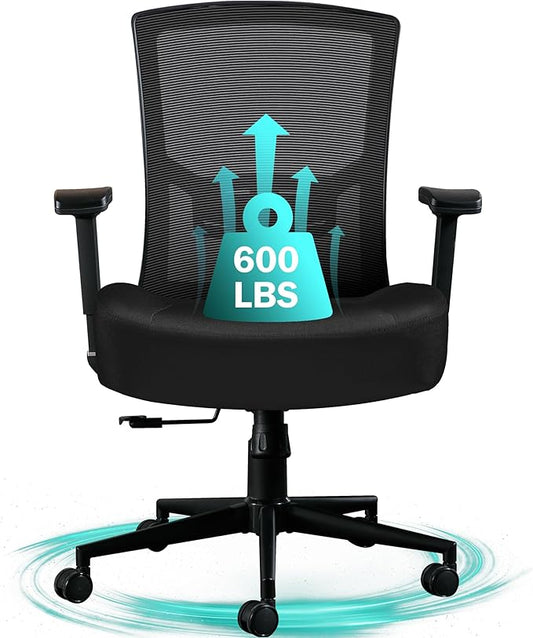 Big and Tall Office Chair 600lbs, Ergonomic High Back Computer Desk Chair for Heavy People with 2D Adjustable Waist Support and Heavy Duty Metal Base Mesh Chair