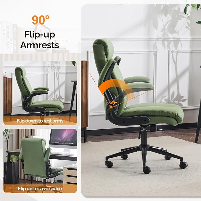 VINGLI Rolling Ergonomic Office Desk Chair with Padded Flip-up Arms, 360° Swivel High Back Executive Computer Task Chair with Wheels for Game,Home Small Space, Study Room, Reading Room,Pu Green