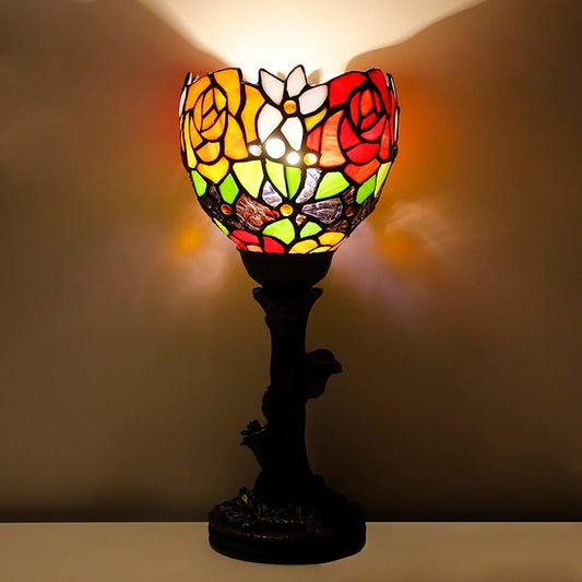 Small Tiffany Lamp Mini Stained Glass Table Lamp Red Rose Accent Desk Uplight W6H 13.5 Inch Bronze Resin Base