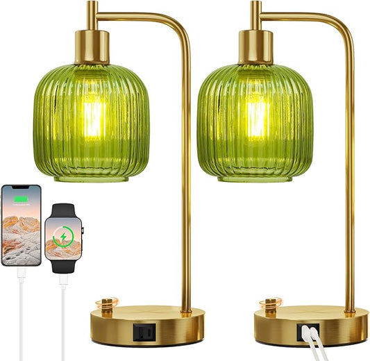 QiMH Industrial Table Lamp for Bedroom Set of 2, Green Glass Beside Lamp with USB A&C Ports, Stepless Dimmable Gold Lamps, Nightstand Lamps for Living Room, Office, Home Decor(Bulb Included)