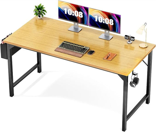 Sweetcrispy Computer Desk Office 48 Inch Writing Work Kids Study Simple Wooden PC Large Table for Home Bedroom Modern Style with Headphone Hooks & Storage Bag - Oak