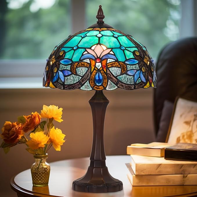 Tiffany Table Lamp,Green Stained Glass Table Light,Antique Style Medium Size Desk Lamp Vintage Bedside Reading Lamp for Living Room Bedroom Office