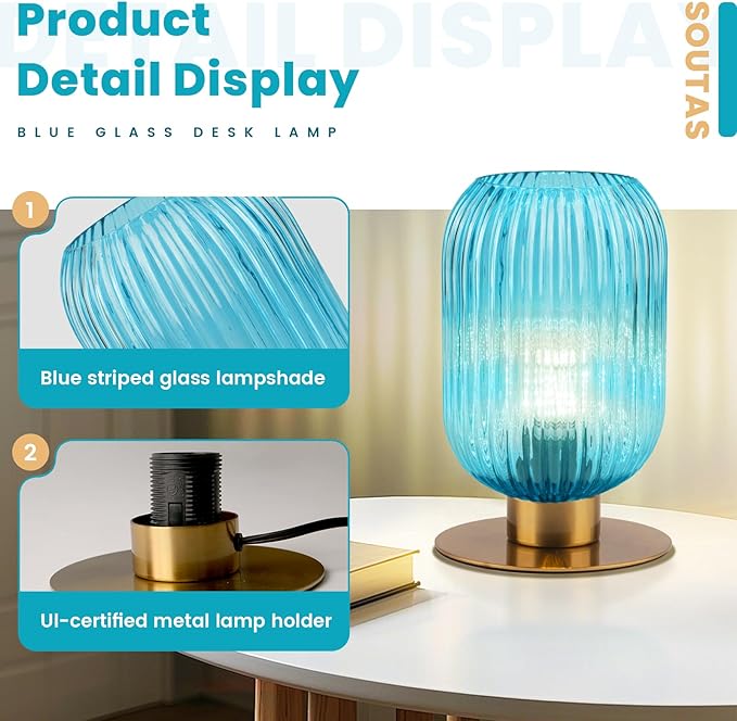 Small Table Lamp for Bedroom, Blue Bedside Lamp Mini Nightstand Lamp with On/Off Switch, Elegant Ribbed Glass Table Lamp Mid Century Bedside Table Lamp Gold Desk Lamp for Living Room Office