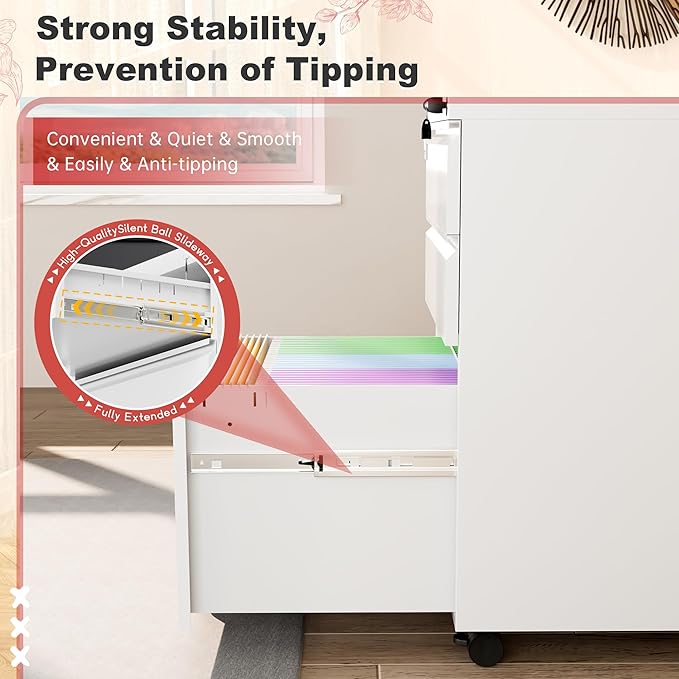 Superday White 3 Drawer Mobile Locking File Cabinet, Metal Rolling Vertical Filing Cabinet with Drawers, Small Under Desk File Cabinets for Office and Home, Fully Assemble