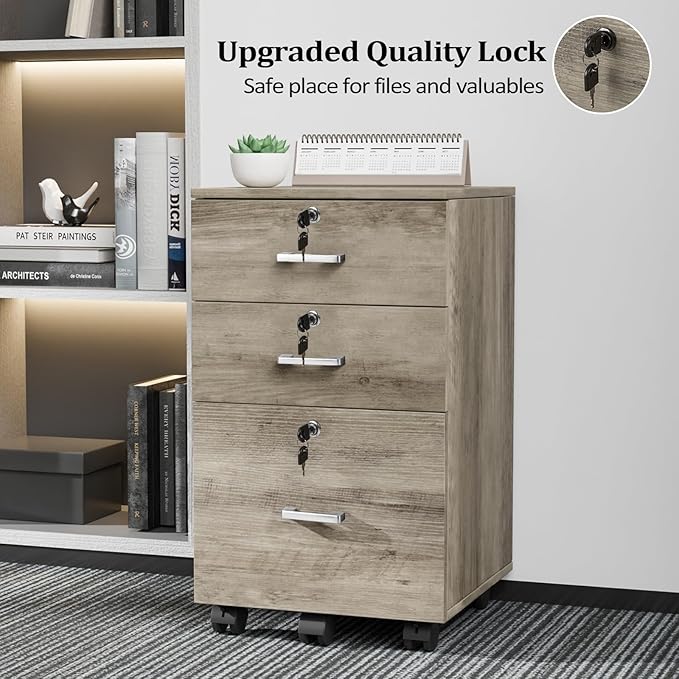 VINGLI 3-Drawer File Cabinet with Lock, Wood Rolling Under Desk File Cabinets for Home Office, Mobile Printer Stand & Filing Organizer for Letter Sized Files, 26" H(Caster Included), Rustic Gray