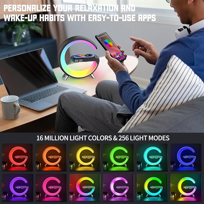 Smart LED Night Light, Wireless Charger, Phone Wireless Charging Dock, Table Bedside Lamp, Sunrise Alarm Clock, Bluetooth Speaker & App Control, Ideal for Bedroom, Home Decor, Birthday, Christmas Gift
