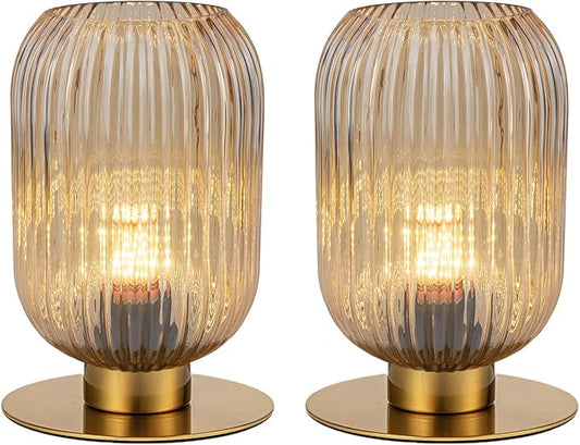 Table Lamp for Bedroom Nightstand Set of 2, Midcentury Modern Table Lamp Living Room Small End Table lamp, Amber Glass Bedside Lamp Gold Bedside Lamp with On/Off Switch on Plug in Cord