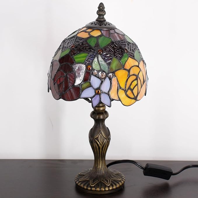 Small Tiffany Lamp Stained Glass Table Lamp Mini Desk Accent Light for Bedroom Bedside Reading Home Antique Style Decor 8X15 Inches (Red Yellow)