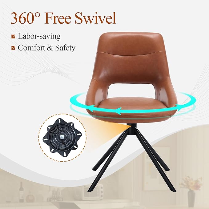 Mid Century Modern Desk Chair No Wheels Set of 1, Faux Leather Swivel Dining Chair with Metal Legs, Swivel Accent Chair Armchair for Small Spaces, Home Office, Living Room, Bedroom, Browm