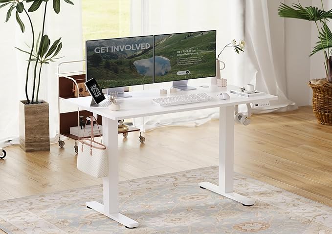 Seang Electric Standing Desk Adjustable Height, 55 x 24 Inch Sit Stand Desk with T-Shaped Frame, 3 Memory Presets & Cable Management for Home Office Computer Workstation, White Frame/White Top
