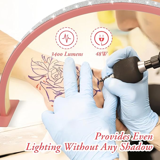Half-Moon Nail Desk Lamp, Upgrade 30 Inches Lash Light for Eyelash Extensions, 3400 Lumen Led Light for Nails,Tattoo Artists, Adjustable Brightness Warm, Soft, Cool (Pink)
